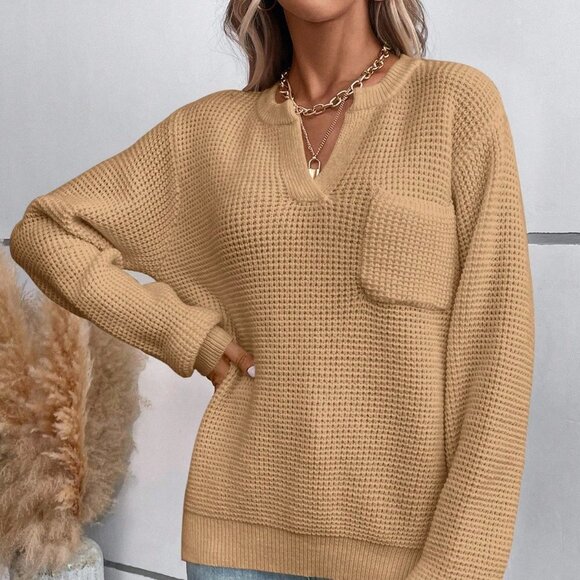 Khaki Casual Womens Notched Neck Pocket Patched Drop Shoulder Sweat… - Picture 5 of 5